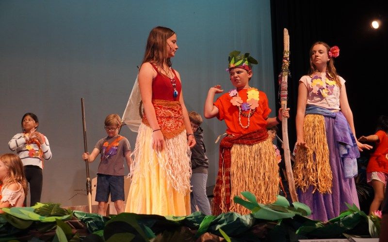 Kinderen voeren een toneelstuk op in kleurrijke kostuums op een podium.